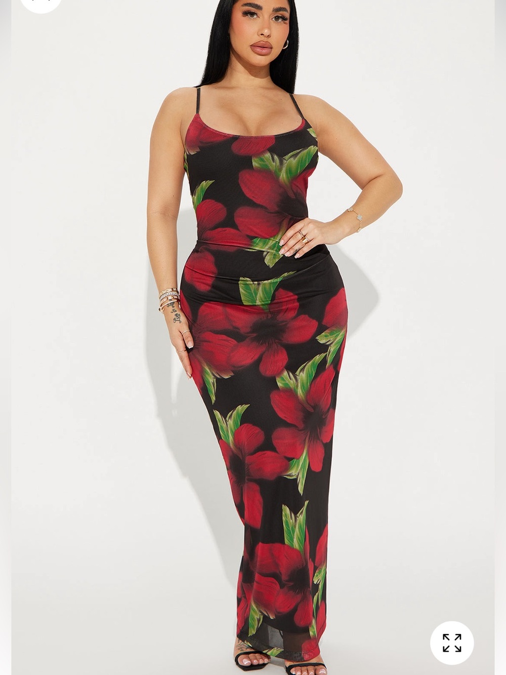 Fashion Nova Remi Printed Mesh Maxi Dress with Black and Red Floral